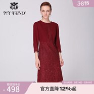 MY TENO【綿羊毛】春秋新款紅色圓領(lǐng)蕾絲繡花拼接亮片長(cháng)袖中長(cháng)款連衣裙女 中國紅 M