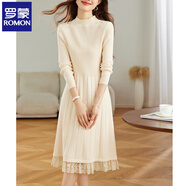 羅蒙（ROMON）2025新款米白色毛衣裙女秋冬中長(cháng)款內搭配大衣打底蕾絲針織連衣裙 米白色 M
