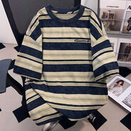 葉余美式復古百搭短袖男女款夏季情侶裝條紋字母印花半袖上衣 藏青色280 L