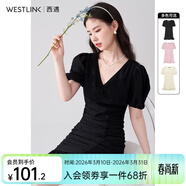 西遇V領(lǐng)泡泡袖連衣裙女2026年早夏新款法式褶皺收腰修身包臀裙子 黑色 S
