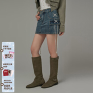 CHUU磨破牛仔半身裙女士2026春季新品蕾絲邊系帶a字包臀短裙子 牛仔藍 L