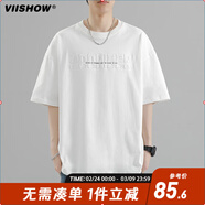viishow夏季棉日系重磅情侶短袖美式復古寬松圓領(lǐng)印花t恤上衣   白色 L