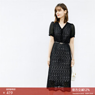 顏域（YANYEE）女神范氣質(zhì)減齡蕾絲連衣裙女夏2024新款V領(lǐng)泡泡袖職業(yè)中長(cháng)裙 黑色 S/36