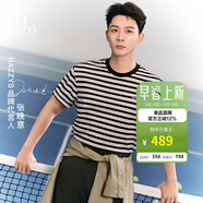 哈吉斯（HAZZYS）男裝 夏季【張晚意明星同款】PHIZ純棉上衣條紋短袖T恤男 藏青色NV L （175/96A 48） 寬松版