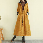 復古民族風(fēng)女裝加絨盤(pán)扣麻外套加厚長(cháng)款保暖帽刺繡袍子 落葉 均碼 單一碼