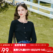 百圖betu女裝秋新款T恤圓領(lǐng)長(cháng)袖精致蝴蝶結紐扣針織T恤女2308T19 黑色 XS