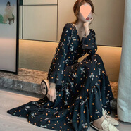 長(cháng)裙袖收腰顯瘦裙打底高腰碎花V領(lǐng)連衣長(cháng)裙流行過(guò)膝春秋冬裝新款 057 M 85-100斤