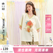 兩三事梵高文藝 暖光盛綻 2025夏季新款拼色v領(lǐng)綁帶刺繡印花t恤女寬松 米白色 S