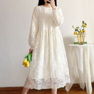 先行鳥早秋長袖刺繡歐根紗連衣裙2026氣質新款顯瘦仙女蕾絲長裙法式裙子 杏色連衣裙【加里布高品質】 S (建議80-100斤左右)