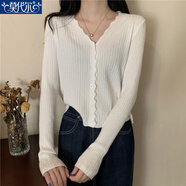 莫代爾2026春秋冬新款荷葉邊V領(lǐng)針織衫女長(cháng)袖溫柔風(fēng)百搭氣質(zhì)小開(kāi)衫上衣 白色 M