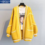 莫代爾軟糯針織衫女2026春秋冬新款時(shí)尚韓版寬松顯瘦加厚長(cháng)袖毛衣開(kāi)衫 黃色 S _建議100斤以下