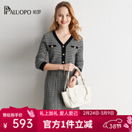 帕羅（PALUOPO）【優(yōu)雅小香風(fēng)】山羊絨連衣裙新秋冬千鳥(niǎo)格裙子針織毛衫裙黑色 黑色 XL 170/92A