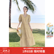 茵曼（INMAN）純棉法式氣質(zhì)連衣裙女裝2026夏季新品顯瘦V領(lǐng)泡泡袖A字長(cháng)裙子 卡其色 L