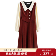 獨束大碼女裝假兩件撞色襯衫領(lǐng)連衣裙女秋冬微胖mm文藝復古穿搭裙子 勃艮第紅【適合160左右】 3XL