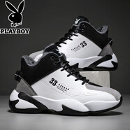 花花公子（PLAYBOY）運動(dòng)鞋高幫男鞋加絨保暖棉鞋新款厚底皮面休閑運動(dòng)老爹鞋子男款 白黑色 42