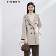 S.DEER圣迪奧女裝休閑連帽雙排扣毛呢短大衣S224Z2603 淡粉灰/47 L 170
