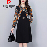 皮爾卡丹（pierre cardin）高端春夏長(cháng)袖連衣裙中長(cháng)款腰帶雪紡A擺裙顯瘦V領(lǐng)純色廣場(chǎng)舞中年媽 花紋一號 3XL 建議125-135斤