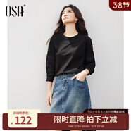 歐莎（OSA）白色薄款T恤女士長(cháng)袖寬松女裝2025年秋新款季蕾絲拼接上衣百搭 黑色 XL