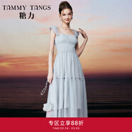 糖力【商場(chǎng)同款】法式千金裙 夏新款中長(cháng)款網(wǎng)紗吊帶連衣裙女 藍色 S