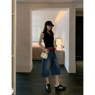 山頭林村式覆古牛仔褲女夏季闊腿七分褲高腰寬松直筒休閑褲五分褲 牛仔第二批 S S