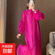 時(shí)尚褶皺連衣裙春秋高級感長(cháng)款裙子歐美大碼女裝連衣長(cháng)裙 玫紅色 均碼