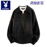 花花公子（PLAYBOY）復古麻花假兩件毛衣男拼接POLO領(lǐng)春秋季潮牌情侶慵懶風(fēng)休閑針織衫 黑色 【高品質(zhì)】 L 【建議105-120斤】