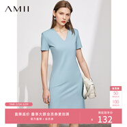 AMII女裝2025氣質(zhì)墊肩V領(lǐng)連衣裙夏季新款溫柔風(fēng)小黑裙修身 灰藍 2XL 175/96A