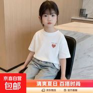 2025新款女童夏季打底衫純棉短袖T恤女寶寶韓版小花T恤兒童上衣潮 2333白色 130