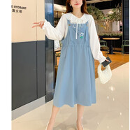 景怡依2026胖女孩春裝偏胖學(xué)生連衣裙大碼胖mm小清新寬松中長(cháng)款長(cháng)袖裙子 粉色 （襯衫+背帶裙） M