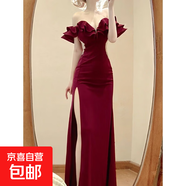 高開(kāi)叉長(cháng)裙設計感時(shí)尚小眾到腳踝超長(cháng)款晚禮服抹胸一字肩連衣裙女 紅色 2XL