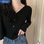 莫代爾2026春秋冬新款荷葉邊V領(lǐng)針織衫女長(cháng)袖溫柔風(fēng)百搭氣質(zhì)小開(kāi)衫上衣 黑色 M