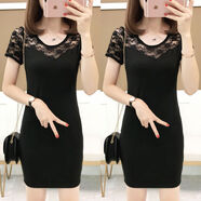 短袖t恤女 中長(cháng)款外穿新款韓版條紋蕾絲拼接圓領(lǐng)修身包臀裙連衣裙 買(mǎi)一送一【黑色+黑色】 S 【80~90 斤】