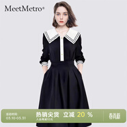 MeetMetro瑪依爾海軍領(lǐng)撞色連衣裙女2026春季新款減齡收腰修身裙子 藏青色【現貨閃電發(fā)】 M