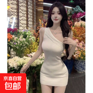 白色荷葉邊純欲風(fēng)斜露肩修身緊吊帶連衣裙女夏季性感包臀短裙子黑 白色 M