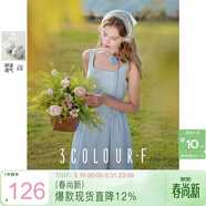 三彩2025春季新款天空藍連衣裙方領(lǐng)無(wú)袖收腰A字裙長(cháng)裙小清新F