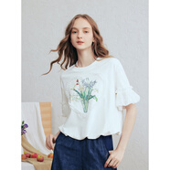 兩三事梵高文藝留蘭清韻2026春季新款可愛(ài)蕾絲愛(ài)心印花泡泡袖t恤 白色-y S