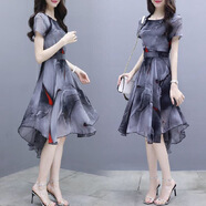 2025夏天新款連衣裙女短袖韓版修身顯瘦印花仿雪紡飄燕尾裙仙女裙 圖片色 S
