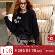 三彩2025冬季新款復古開(kāi)衫甜美蝴蝶結針織衫寬松圓領(lǐng)毛衫休閑M 藏青色 S 155/80A