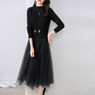 針織連衣裙女秋冬2024新款馬甲套裝裙兩件套針織拼接網(wǎng)紗裙打底裙 黑色 均碼