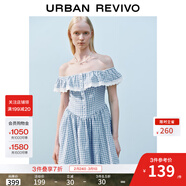 UR2025夏季新款女裝格紋拼接蕾絲一字領(lǐng)連衣裙UYL750043 中藍格子 (偏短) XS