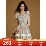 banana cici2025年夏季新款法式收腰短裙小清新褶皺碎花A字連衣裙C252LY683 淺藍色 S