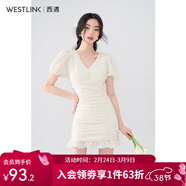 西遇V領(lǐng)泡泡袖連衣裙女2025年早夏新款法式褶皺收腰修身包臀裙子 黃色 XL