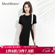 MeetMetro瑪依爾不規則撞色連衣裙女2025夏裝設計感蝴蝶結百褶裙氣質(zhì)a字裙 黑色 L