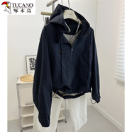 啄木鳥(niǎo)連帽短款拼接夾克女2026春季新款寬松百搭薄款透氣沖.鋒衣外套女 藏青色 M 【建議80-110斤】