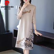 皮爾卡丹（pierre cardin）高端配大衣的內搭毛線(xiàn)連衣裙女中長(cháng)款秋冬毛衣裙厚過(guò)膝時(shí)尚打底 米色 XL