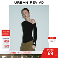 UR秋季新款女裝休閑斜肩領(lǐng)褶皺修身長(cháng)袖T恤UWM450130+ 正黑 S