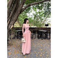 山頭林村灰塵鄧鄧一字肩衣裙女2025夏季款雪紡拼接抹胸長(cháng)裙收腰裙子 粉色衣裙帶肩帶現貨 L L