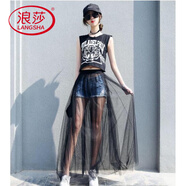 浪莎百搭黑色紗裙女夏單層透視外搭透明網(wǎng)紗半身裙高腰中長(cháng)款罩裙仙女 黑色 M 裙長(cháng)80C建議157身高