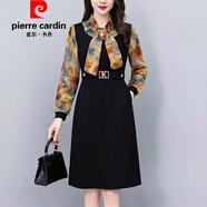 皮爾卡丹（pierre cardin）高端春夏長(cháng)袖連衣裙中長(cháng)款腰帶雪紡A擺裙顯瘦V領(lǐng)純色廣場(chǎng)舞中年媽 花紋三號 3XL 建議125-135斤