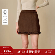 茵曼2025秋冬女裝新款甜美木耳邊羊毛呢子半身裙顯瘦A字短款短裙 深咖紅 L